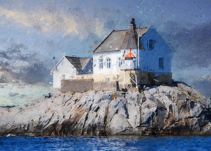 Lighthouse Greeting Card featuring the digital art Saltholmen lighthouse by Geir Rosset