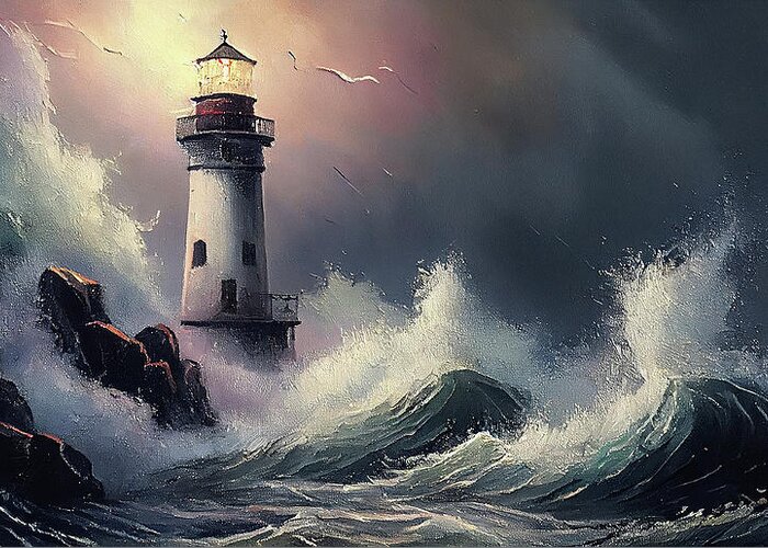 Lighthouses Greeting Card featuring the digital art Lighthouse at Night with Crashing Waves by Betty Denise