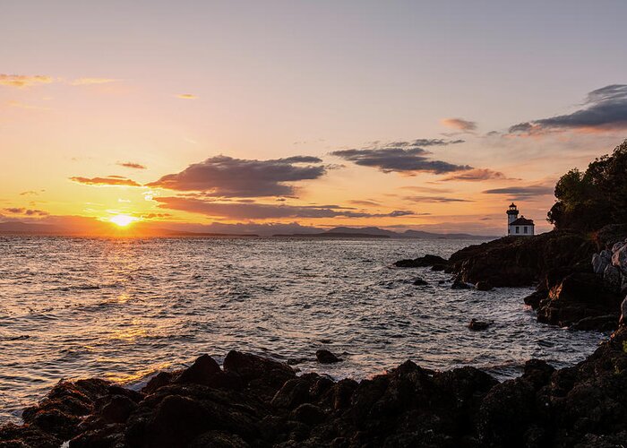 Outdoor; Sunset; San Juan; San Juan Islands; Spring; Lime Kiln State Park; Lighthouse; Silhouette; Colors; Pnw; Washington Beauty Greeting Card featuring the digital art Lighthouse at Lime Kiln State Park by Michael Lee