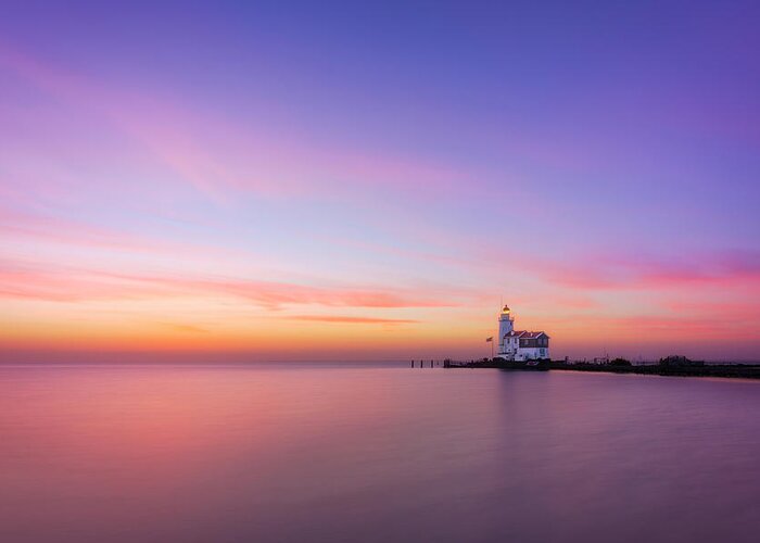  Greeting Card featuring the photograph Lighthouse Horse of Marken at sunrise by Patrick Van Os