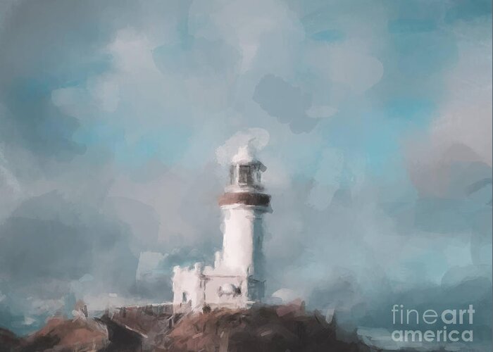 Lighthouse In The Clouds Greeting Card featuring the painting Lighthouse in the Clouds by Gary Arnold