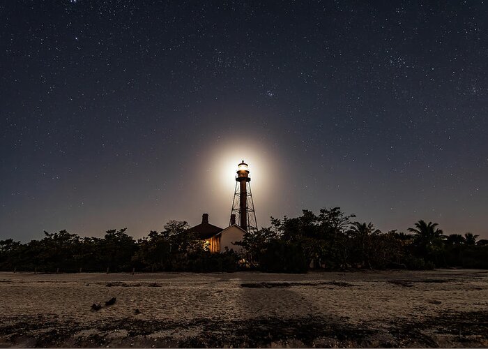 Lighthouse Greeting Card featuring the photograph Lighthouse Moon by Edward Saternus