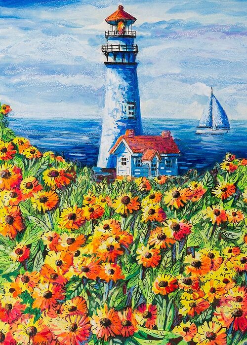 Lighthouse Greeting Card featuring the painting Lighthouse Vista by Diane Phalen