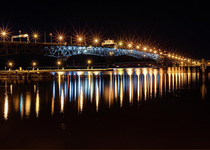 Coleman Bridge Greeting Card featuring the photograph Lights at Coleman Bridge by Lara Morrison