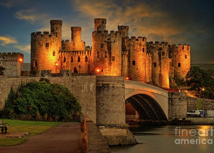 British Greeting Card featuring the photograph Lights On Conwy Castle by Adrian Evans
