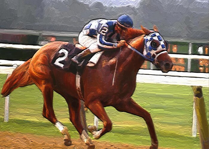 Secretariat At Belmont Greeting Card featuring the painting Like a Tremendous Machine by G Cannon