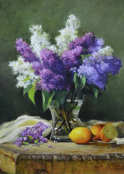Lilac Greeting Card featuring the painting Lilacs and Lemons by Susan N Jarvis
