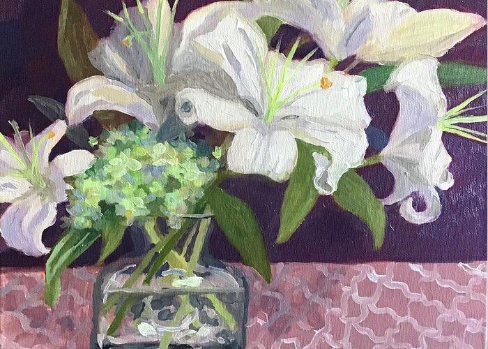 Lily Greeting Card featuring the painting Lillies on Pink by Anne Marie Brown