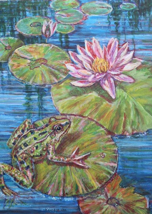 Lily Pad Flower Greeting Card featuring the painting Lily Pad Frog by Veronica Cassell vaz