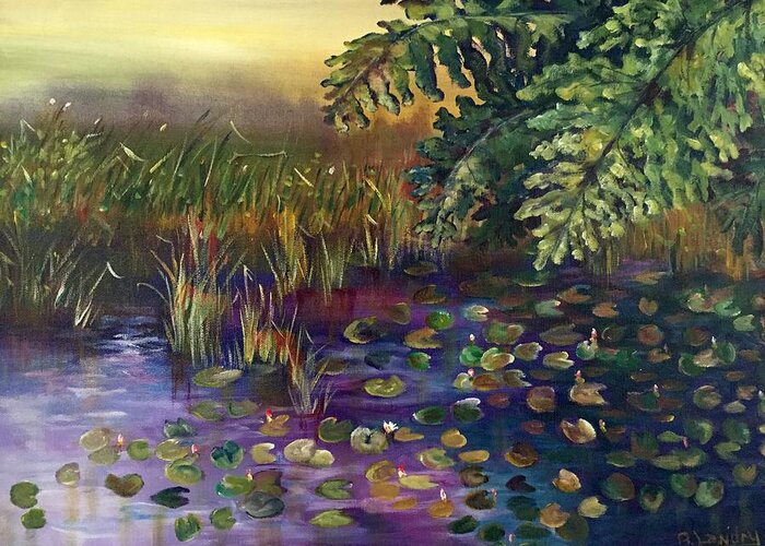 Scene Greeting Card featuring the painting Lily Pads in the Pond by Barbara Landry