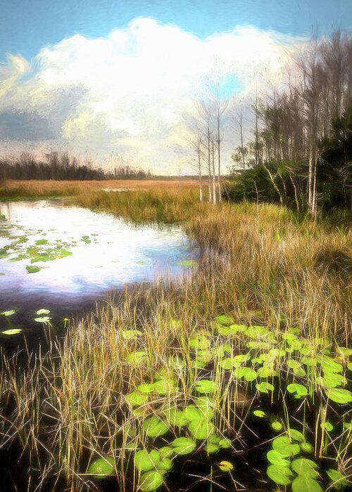 Clouds Greeting Card featuring the photograph Lily Pads Under the Clouds Painting by Debra and Dave Vanderlaan
