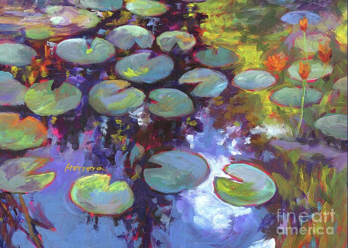 Pond Greeting Card featuring the painting Lily Serenity - Tree Reflections by Hailey E Herrera