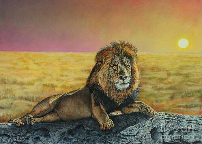 Lion Greeting Card featuring the painting Lion on the Serengeti by Bob Williams