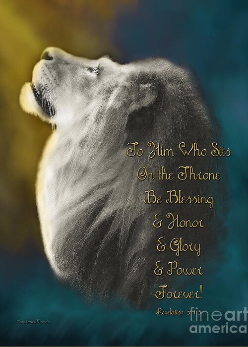 Lion; Judah; Worship; Prophetic; Revelation; Jesus; Christ; Throne; Adoration; Praise; Father; Abba; Lion Of Judah Art Greeting Card featuring the painting Lion On The Throne in Aqua by Constance Woods