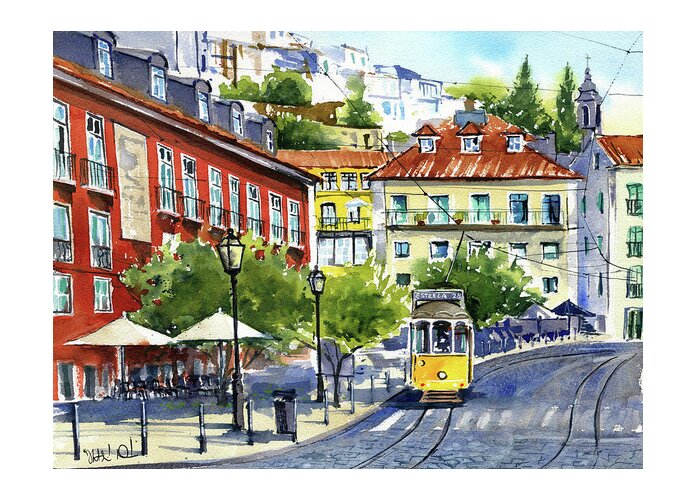 Alfama Greeting Card featuring the painting Lisbon Alfama Portugal Painting by Dora Hathazi Mendes