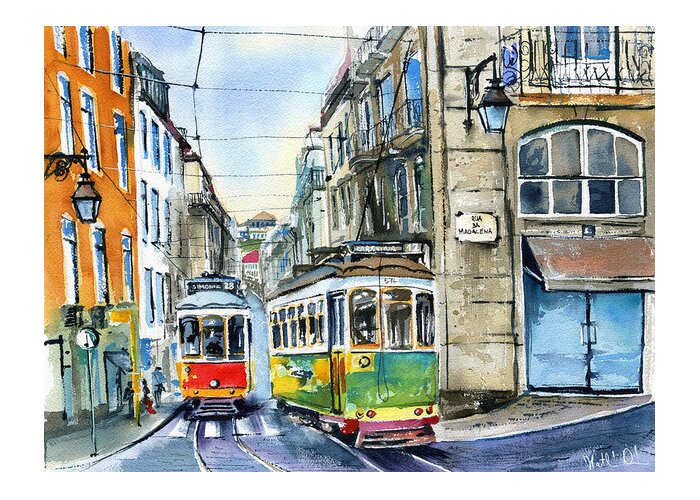 Lisboa Greeting Card featuring the painting Lisbon Trams at Rua Da Madalena by Dora Hathazi Mendes