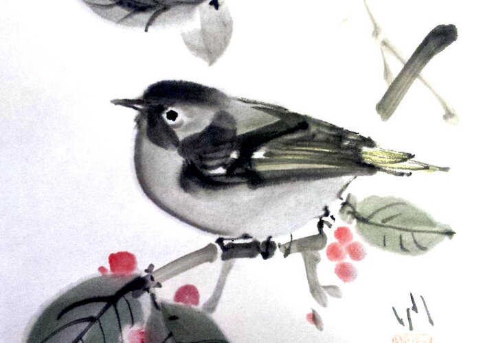 Japanese Greeting Card featuring the painting Little Bird Visiting Your Yard by Fumiyo Yoshikawa