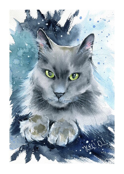Cat Greeting Card featuring the painting Little C Fluffy Blue Cat Painting by Dora Hathazi Mendes