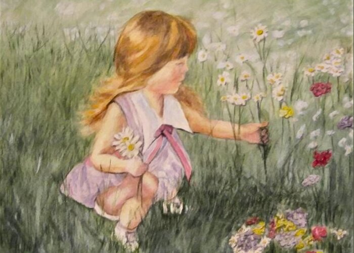 Little Girl Painting Greeting Card featuring the mixed media Little Girl Picking Flowers by Kelly Mills