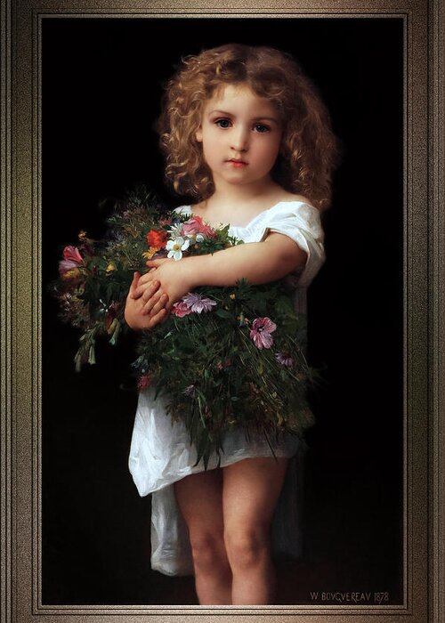 Little Girl With Flowers Greeting Card featuring the painting Little Girl With Flowers by William-Adolphe Bouguereau by Rolando Burbon