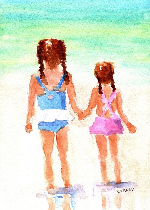 Little Sisters Greeting Card featuring the painting Little Girls at the Beach by Carlin Blahnik CarlinArtWatercolor