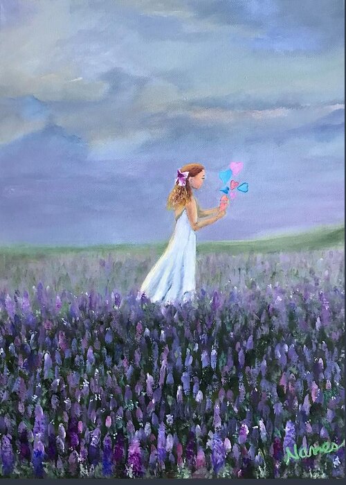 Girl Greeting Card featuring the painting Little Girls, Hearts and Flowers by Deborah Naves