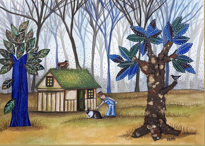 Forest Greeting Card featuring the painting Little House in Blue Forest by Graciela Bello