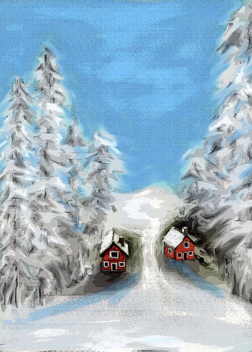 Little Red Cottages In Winter Greeting Card featuring the digital art Little Red Cottages In Winter by Uma Krishnamoorthy