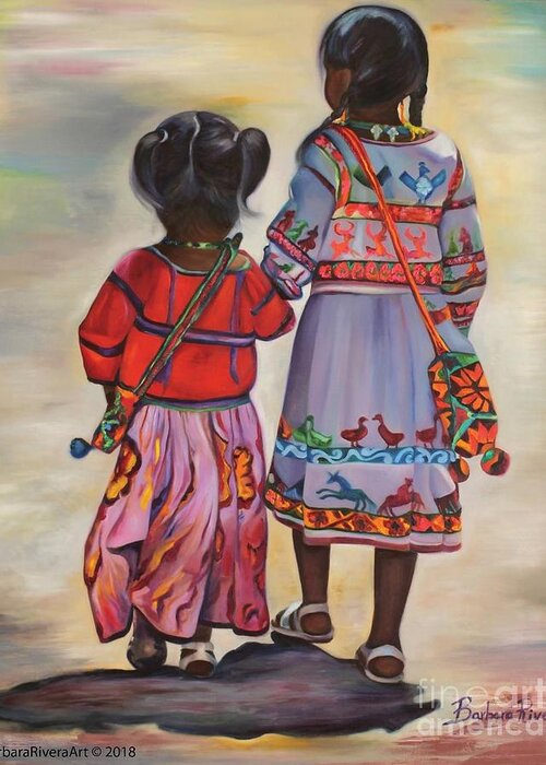 Cultural Greeting Card featuring the painting Little Sisters by Barbara Rivera