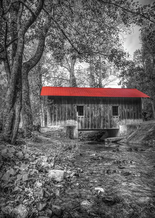 Barns Greeting Card featuring the photograph Little Smoky Mountain Covered Bridge in Black and White and Red by Debra and Dave Vanderlaan