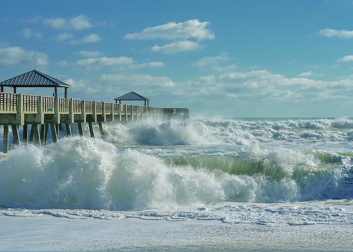 Pier Greeting Card featuring the photograph Lively Surf At Juno by Laura Fasulo