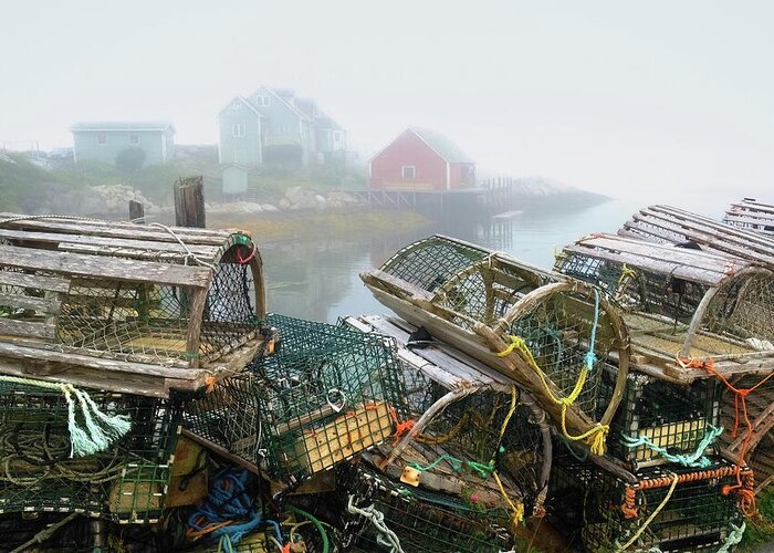Lobster Traps Greeting Card featuring the photograph Lobster Traps and fog by Tracy Munson
