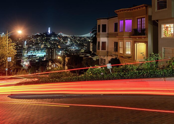 Light Trails Greeting Card featuring the photograph Lombard Street Light Trails by Laura Macky