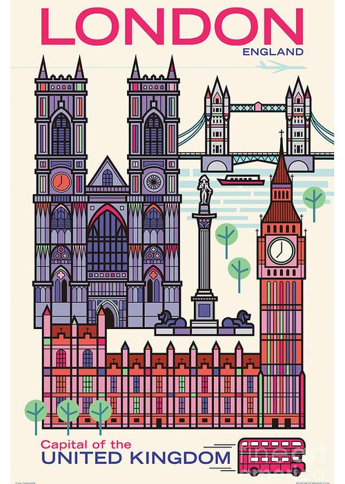 Travel Poster Greeting Card featuring the digital art London Poster - Retro Travel by Jim Zahniser