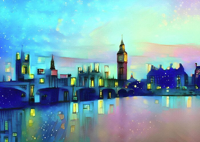 London Greeting Card featuring the mixed media London Skyline At Night by Deborah League
