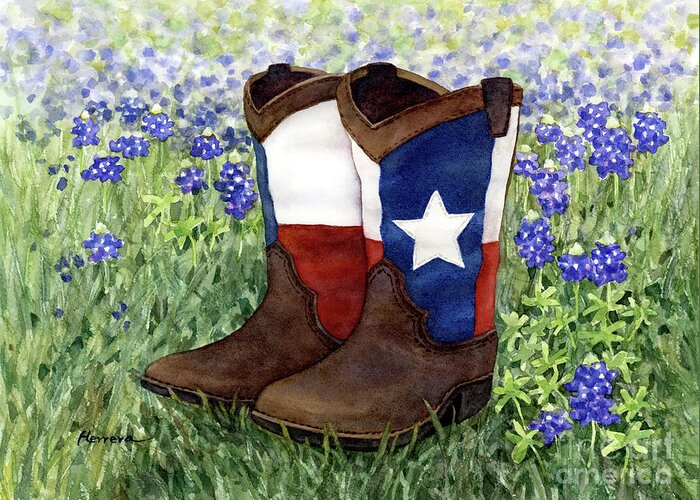 Boots Greeting Card featuring the painting Lone Star Boots in Bluebonnets by Hailey E Herrera