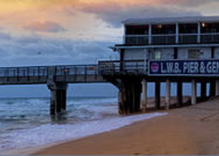 Panorama Greeting Card featuring the photograph Long Fishing Pier at Dawn by Debra and Dave Vanderlaan