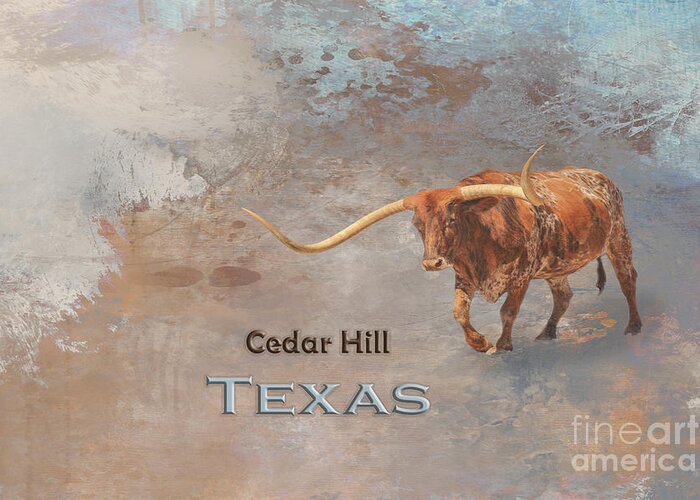 Cedar Hill Greeting Card featuring the mixed media Longhorn Bull Cedar Hill by Elisabeth Lucas