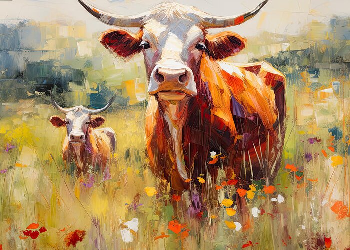 Texas Longhorn Greeting Card featuring the painting Longhorns in a Field of Flowers - Texas Art by Lourry Legarde