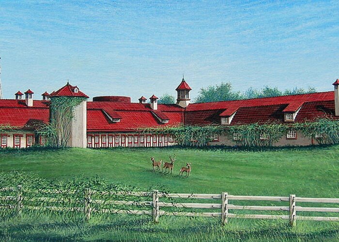 Architectural Landscape Greeting Card featuring the painting Longview Farm Dairy Barn by George Lightfoot