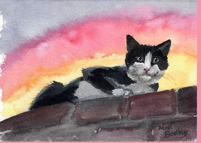 Black And White Cat Greeting Card featuring the painting Looking in by Mimi Boothby