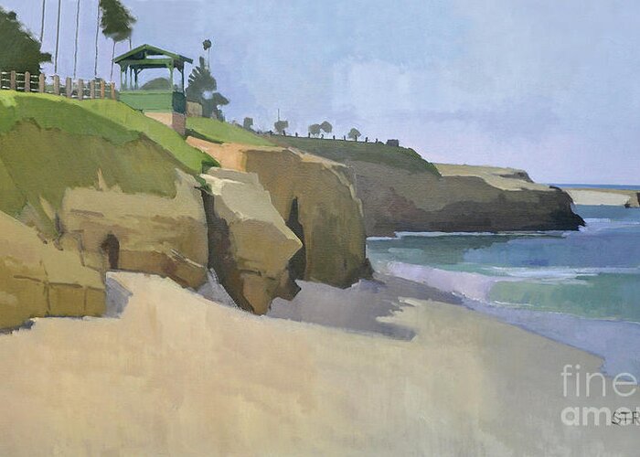 Lookout Greeting Card featuring the painting Lookout over Boomer Beach, La Jolla - San Diego, California by Paul Strahm