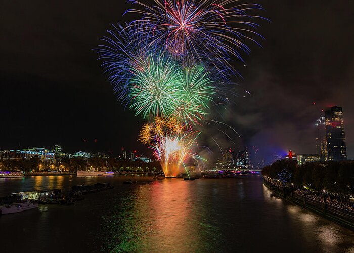 Thames Greeting Card featuring the photograph Lord Mayor firework show in London by Andrew Lalchan