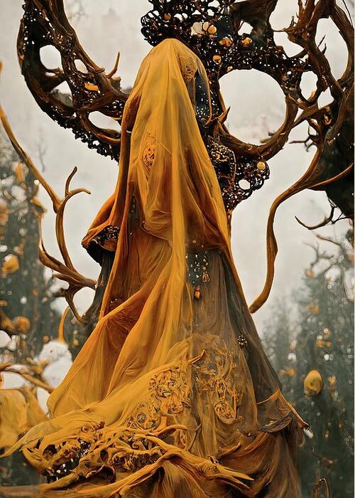 A Figure In A Tan Shroud Stands In Front Of A Strange Dark Tree In This Surreal Scene. This Is Losarah Greeting Card featuring the digital art Losarah - The Goddess Of Disorientation by Daniel Eskridge