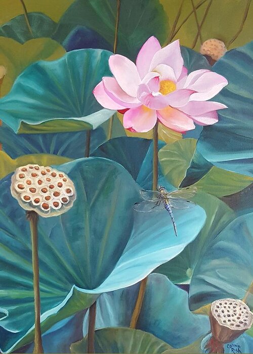 Dragonfly Greeting Card featuring the painting Lotus Dragon by Connie Rish