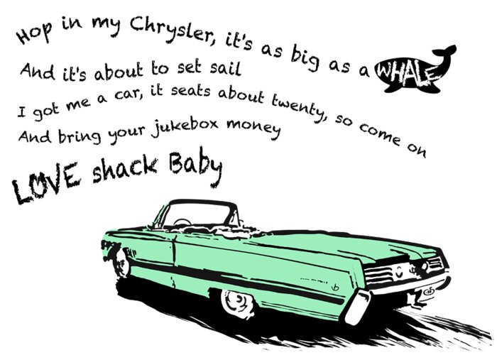 Petrolhead Greeting Card featuring the digital art Love Shack Whale Classic Chrysler car, catchy song, funky design - Chrysler Green Edition by Moospeed Art