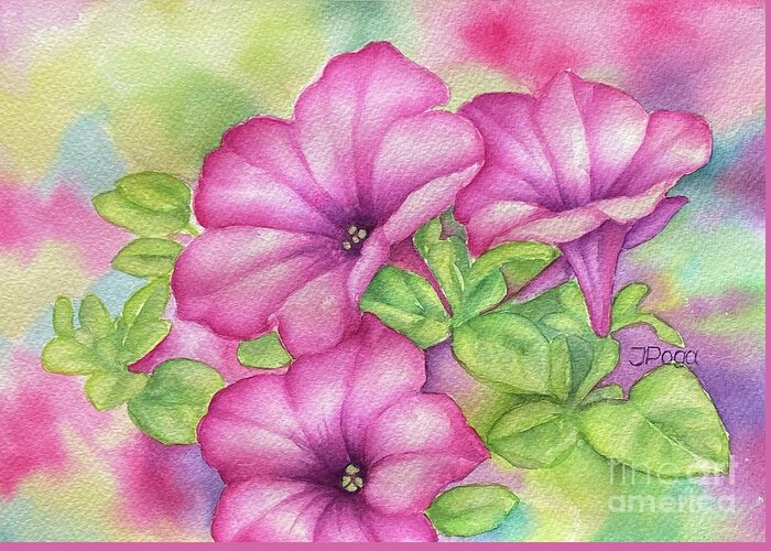 Pink Greeting Card featuring the painting Lovely pink petunias by Inese Poga