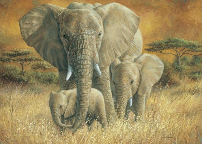 Elephant Greeting Card featuring the painting Loving Mother by Lucie Bilodeau