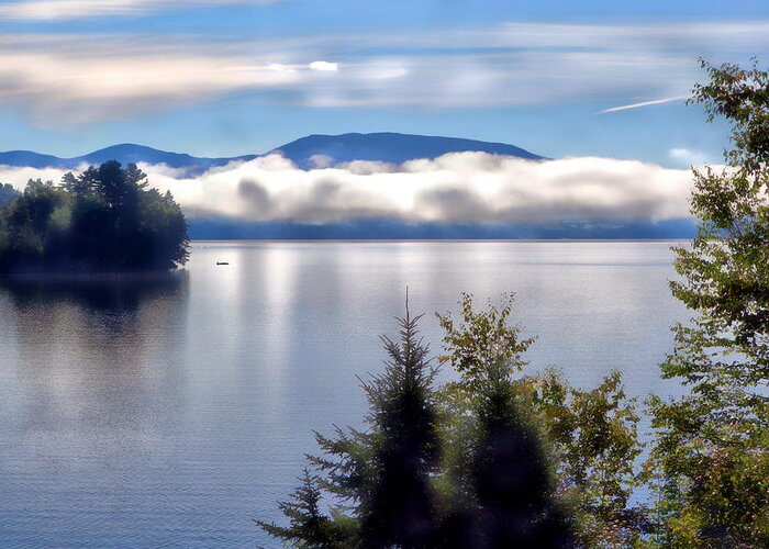 Landscape Greeting Card featuring the photograph Low Distant White Clouds Over Lake by Russel Considine