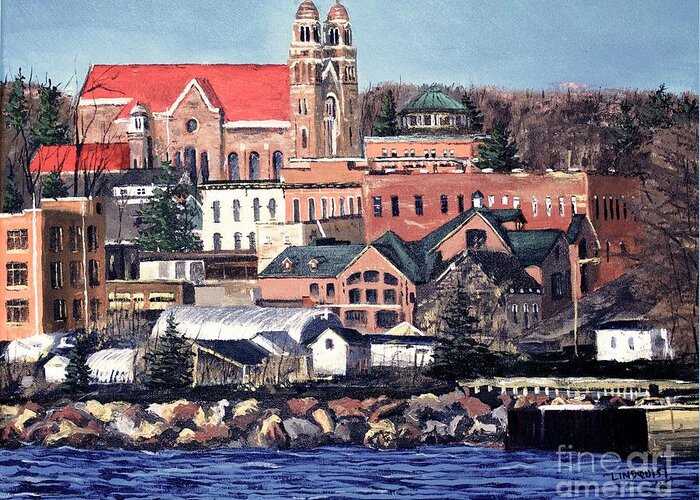 Marquette Greeting Card featuring the painting Lower Harbor-Marquette Michigan by Tim Lindquist